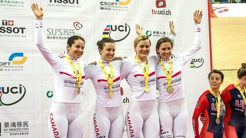 Team Canada celebrates winning women's team pursuit at UCI Track Cycling World Cup in Hong Kong on Jan. 16, 2016. (Photo: Cycling Canada)