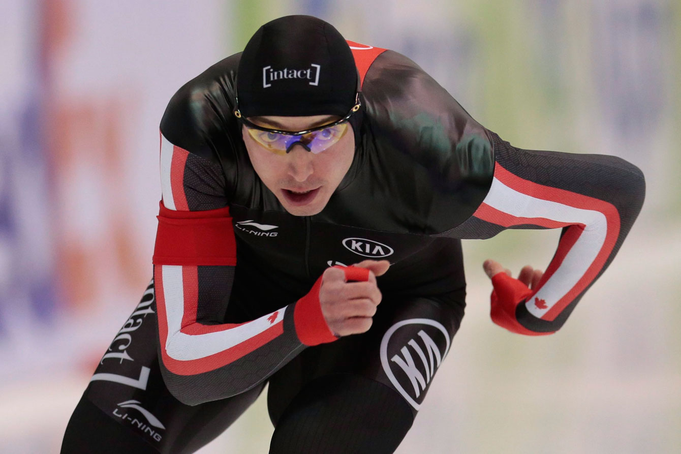 Alex Boisvert-Lacroix, of Canada, competes to take the bronze at the men's 500 metres of the World Single Distances Speed Skating Championships in Kolomna, Russia, on Sunday, Feb. 14, 2016. (AP Photo/Ivan Sekretarev)