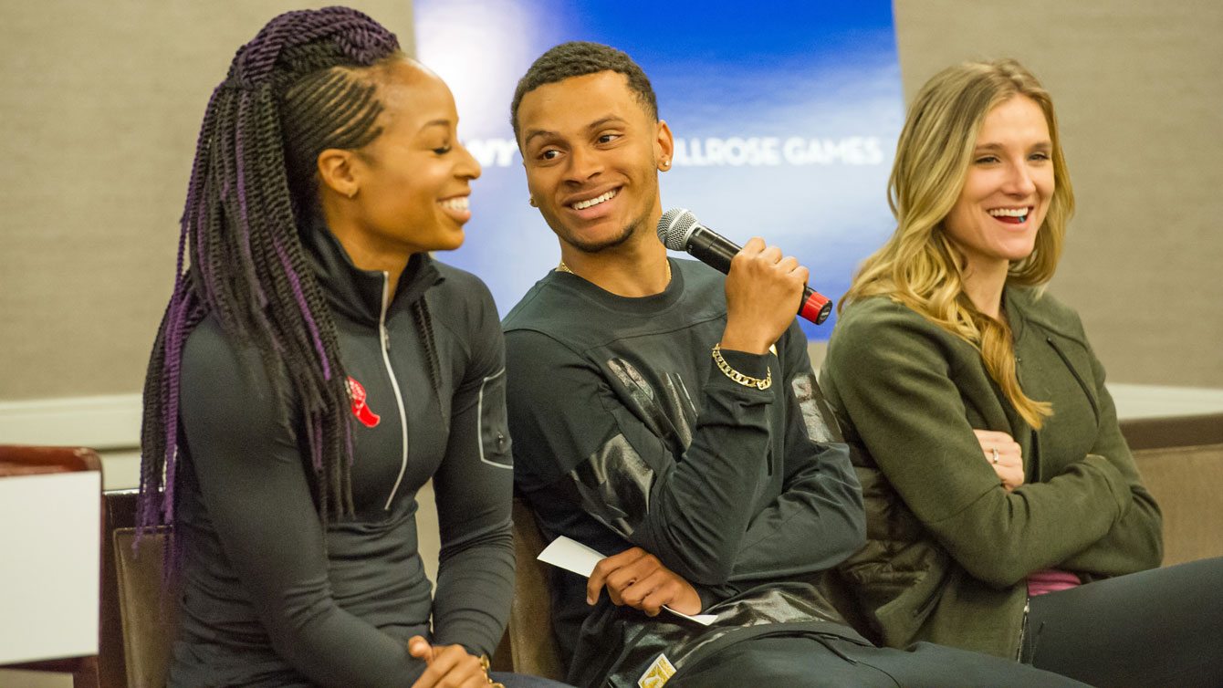 Andre De Grasse (centre) with fellow Canadian Brianne Theisen-Eaton (right) and American Natasha Hastings prior to racing at the 2016 Millrose Games in New York City on February 20, 2016 (Photo: Robert Lombardo). 