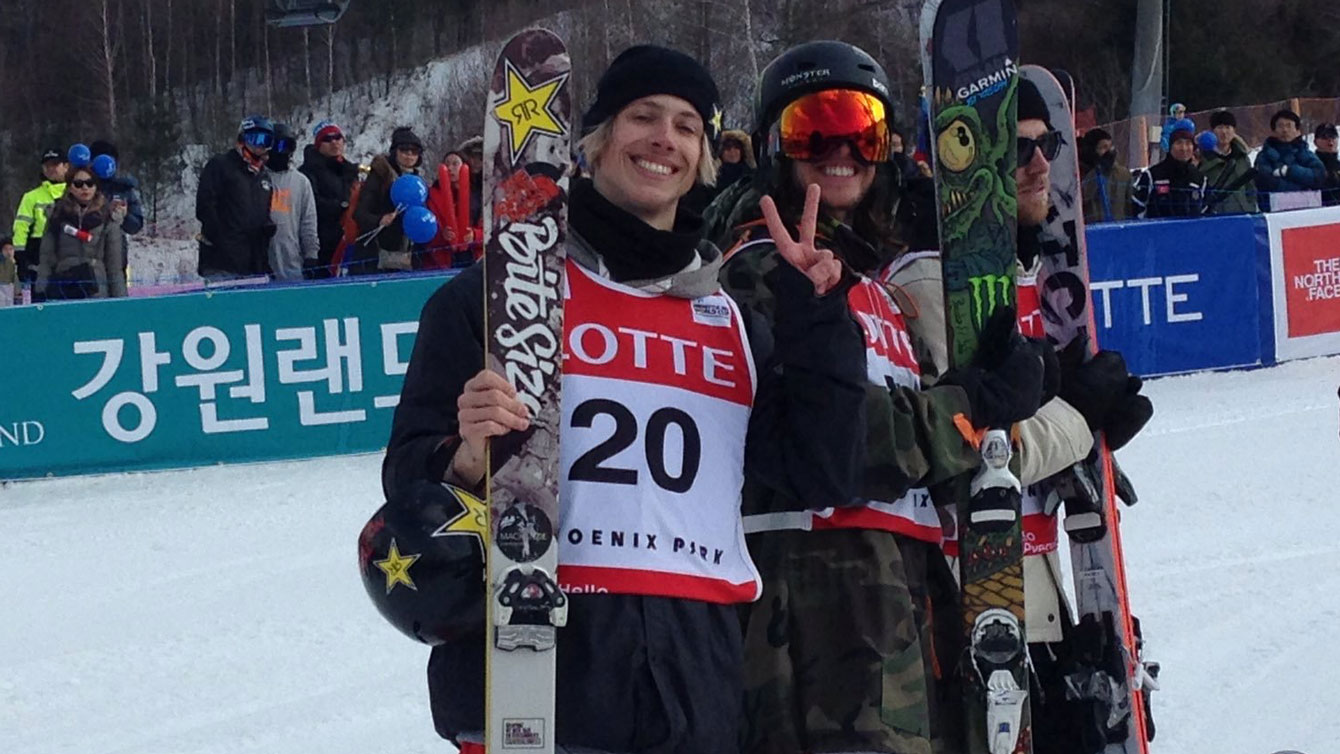 Alex Bellemare (left) celebrates his World Cup win in ski slopestyle at a Pyeongchang 2018 test event on February 20, 2016.