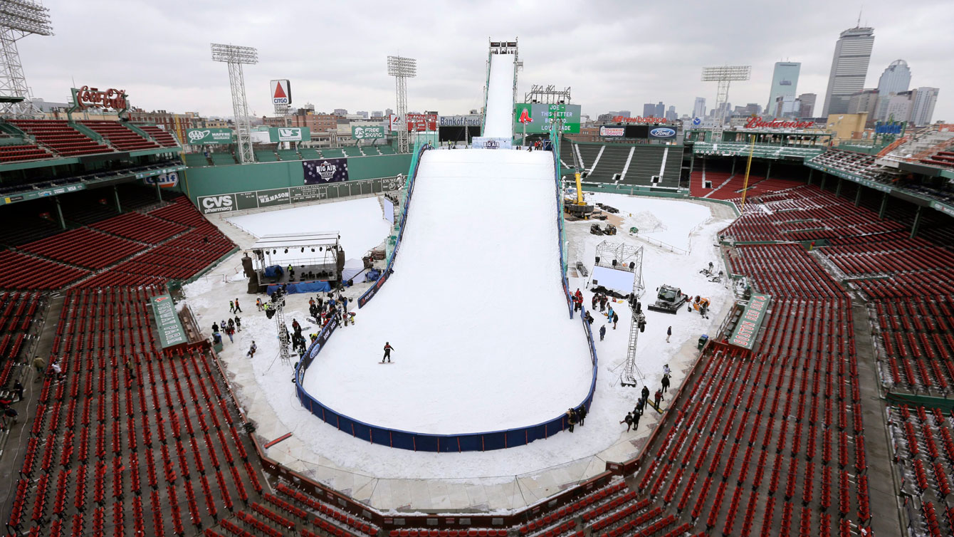 Fenway Park set up for the FIS snowboard and ski Big Air events on February 11, 2016.