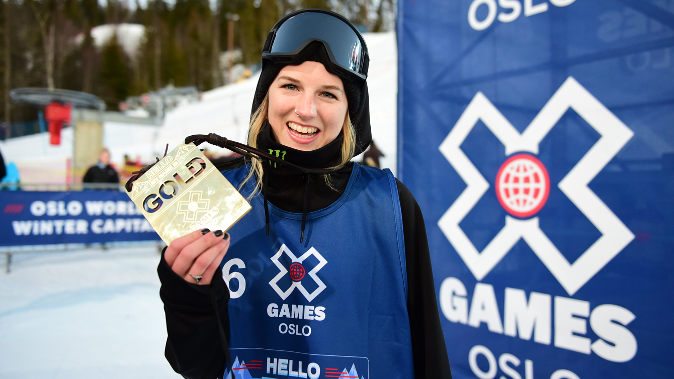 Cassie Sharpe after winning X Games superpipe gold in Oslo on February 28, 2016. (Phil Ellsworth / ESPN Images)