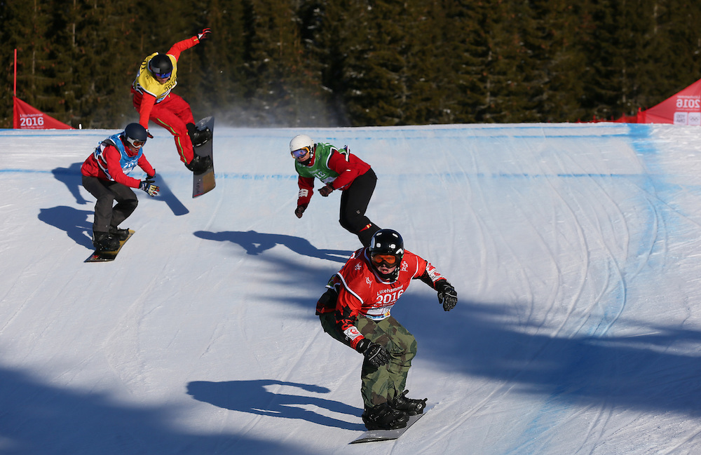 (From Right) Evan Bichon CAN, Pascal Bitschnau SUI, Muhammed Ikbal Yilmaz TUR, Valentin Miladinov BUL compete during the Men's Snowboard Cross qualifications at the Winter Youth Olympic Games, Lillehammer Norway, 15 February 2016. Photo: Arnt Folvik for YIS/IOC Handout image supplied by YIS/IOC