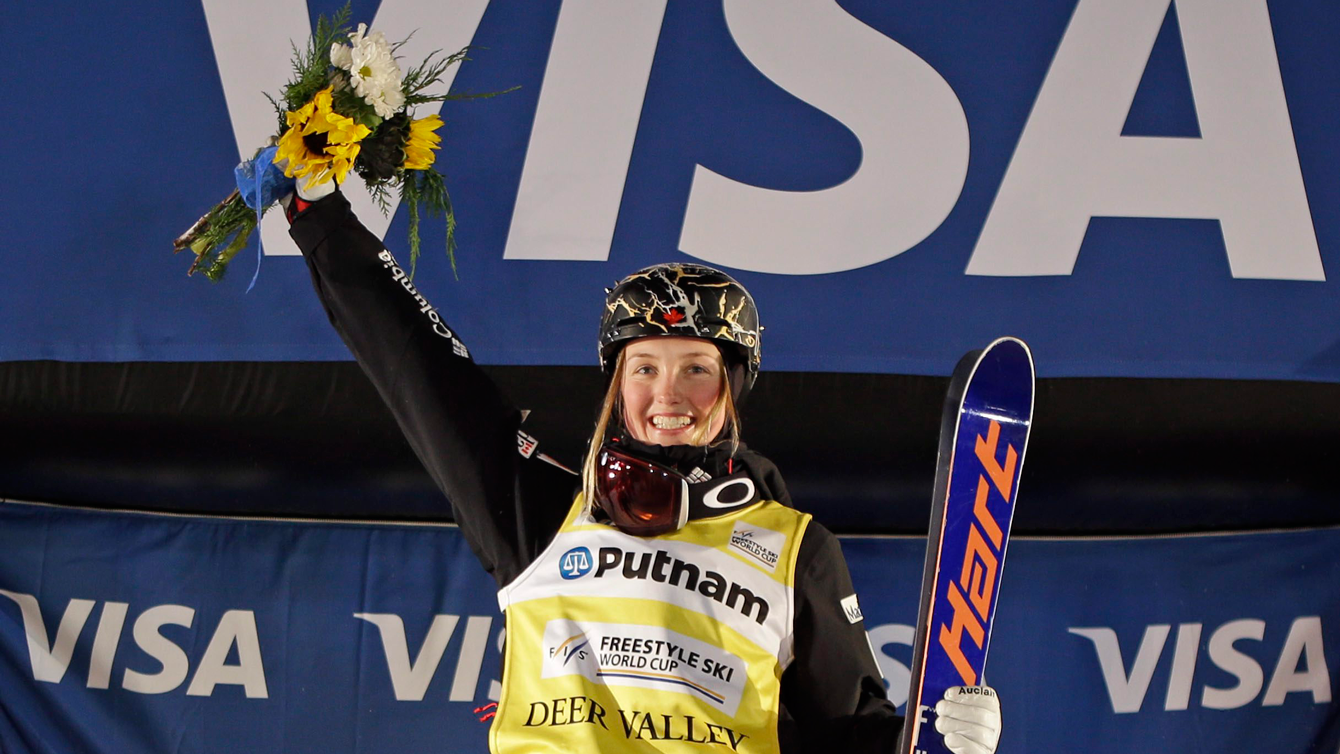 Justine Dufour-Lapointe atop the podium after winning dual moguls World Cup in Utah on February 6, 2016. 