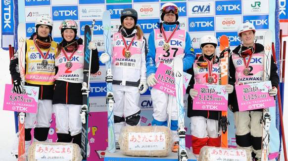 Canadians land three of six moguls podiums at the FIS World Cup in Japan on February 27, 2016. (HIROYUKI SATO)