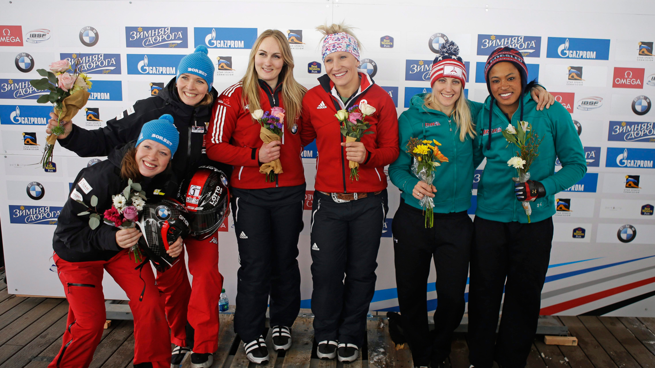Melissa Lotholz and Kaillie Humphries after winning the women's bobsled World Cup race January 15, 2016, in Park City, Utah. 