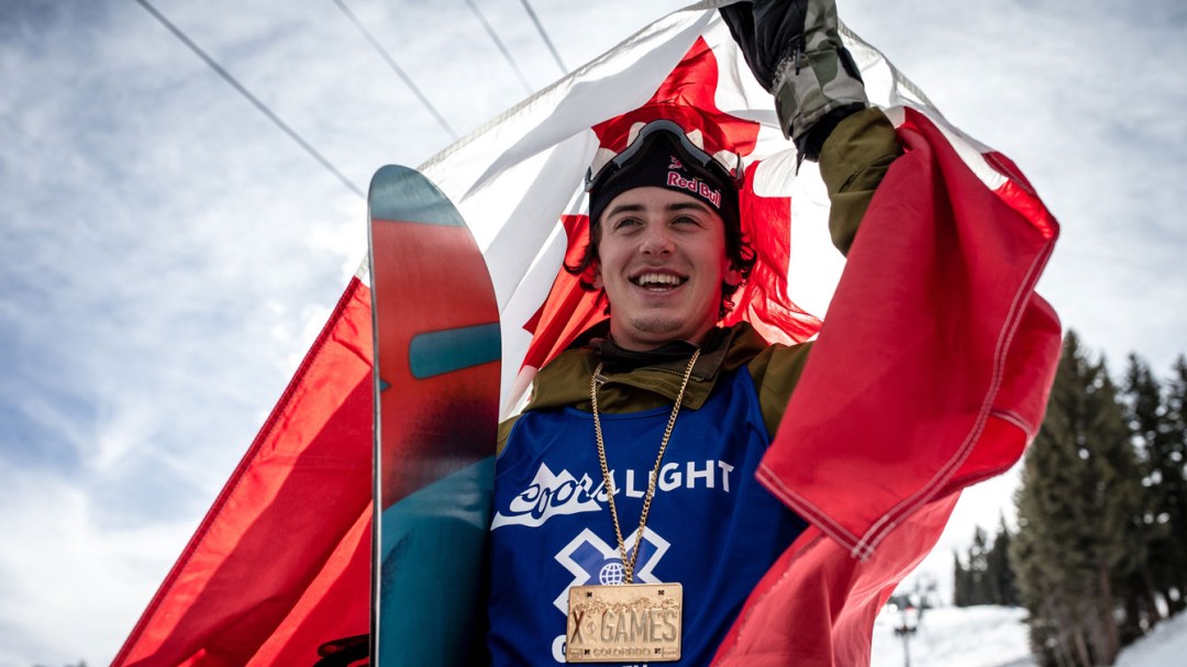 Mark McMorris celebrates after winning X Games Gold in snowboard slopestyle