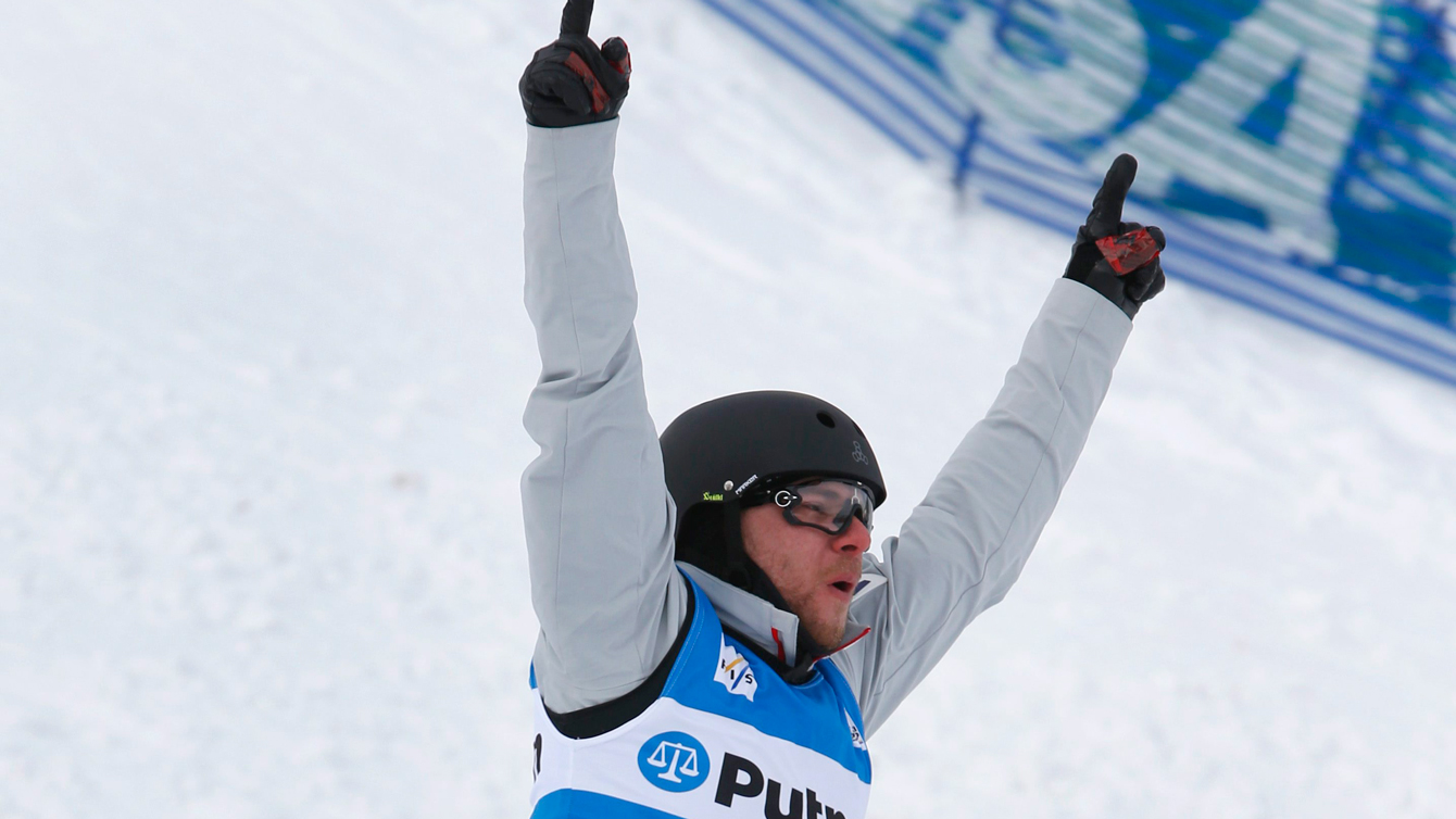 Olivier Rochon celebrates a second place finish in the men's aerial event during the FIS World Cup freestyle skiing competition Thursday, Feb. 4, 2016, in Deer Valley, Utah. (AP Photo/George Frey