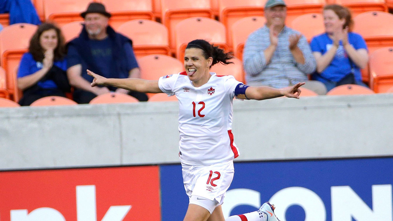 Christine Sinclair celebrates her opening goal against Costa Rica in Olympic qualifying on February 19, 2016. 
