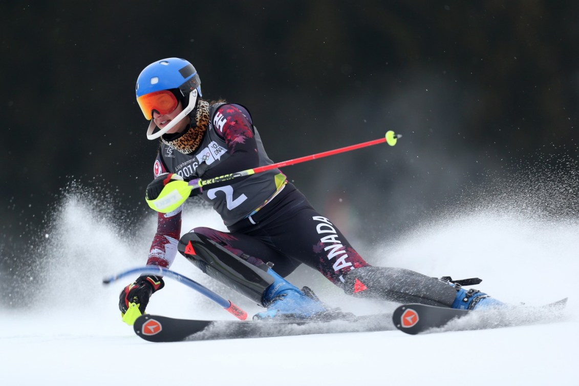 Ali Nullmeyer CAN competes during the Alpine Skiing Ladies' Slalom at the Hafjell Olympic Slope during the Winter Youth Olympic Games, Lillehammer Norway, 18 February 2016. Photo: Jed Leicester for YIS/IOC Handout image supplied by YIS/IOC