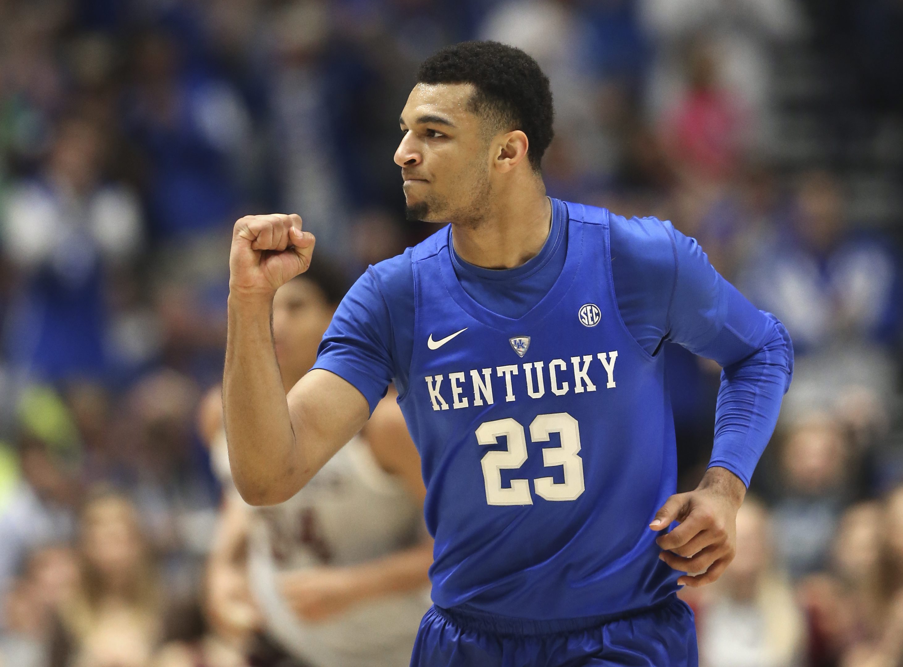 Kentucky's Jamal Murray (23) celebrates after a basket against Texas A&M during the first half of an NCAA college basketball game in the championship of the Southeastern Conference tournament in Nashville, Tenn., Sunday, March 13, 2016. (AP Photo/John Bazemore)