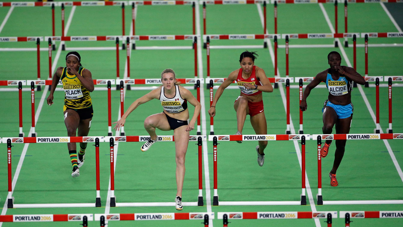 Brianne Theisen-Eaton competes in the 60m hurdles portion of the pentathlon at the IAAF World Indoor Championships on March 18, 2016.
