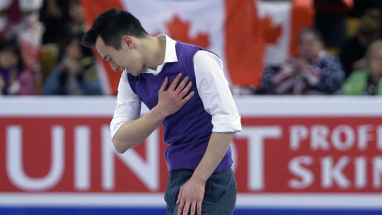 Patrick Chan at the conclusion of his short program at the world championships on March 30, 2016.