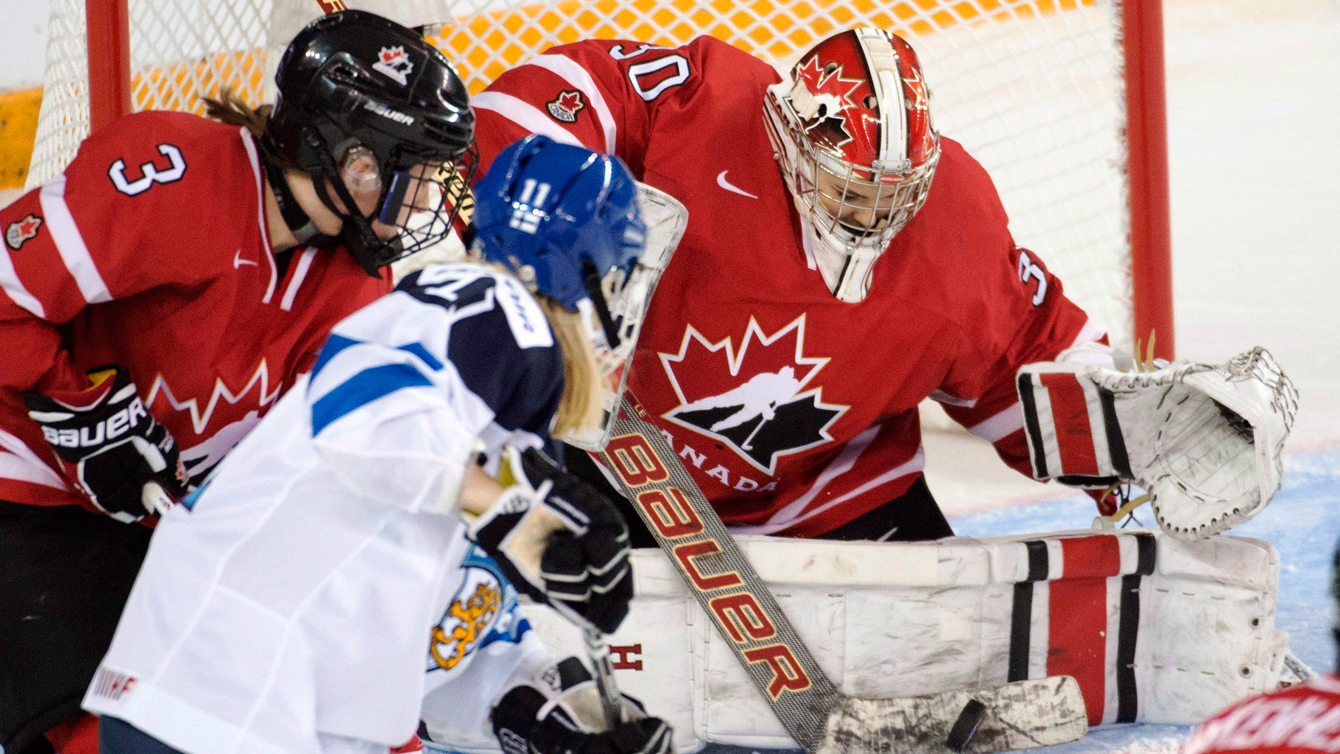 Goaltender Emerance Maschmeyer makes a save against Finland at the women's world hockey championships on March 31, 2016 in Kamloops, B.C.. (Ryan Remiorz)