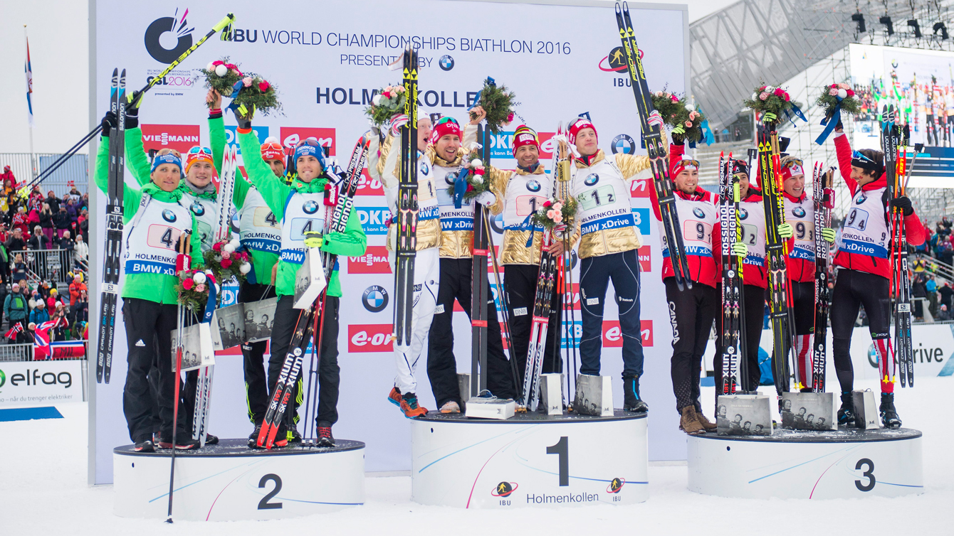 Canada's men's 4x7.5 relay team after winning bronze the IBU World Championships in Oslo on March 12, 2016. (Fredrik Varfjell/NTB scanpix via AP)