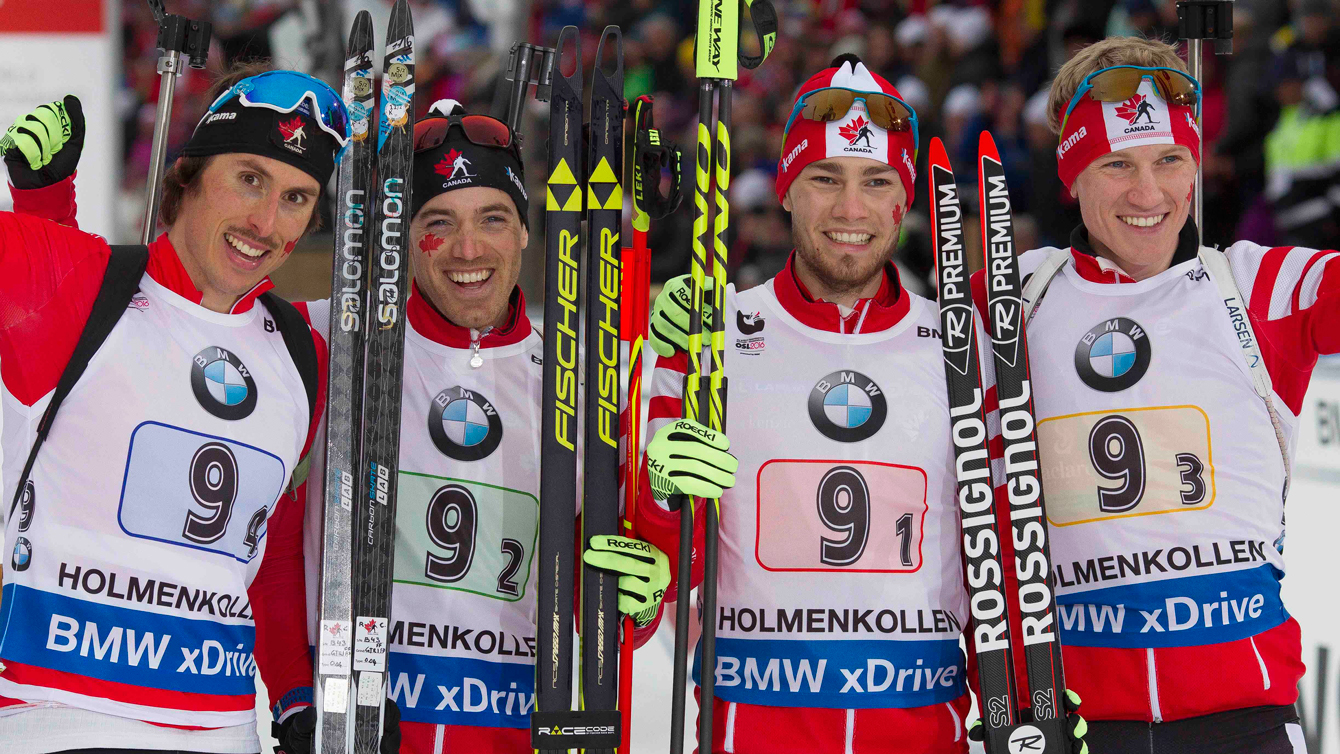Canada's men's 4x7.5 relay team after winning bronze the IBU World Championships in Oslo on March 12, 2016. (Tumashov/NordicFocus) 