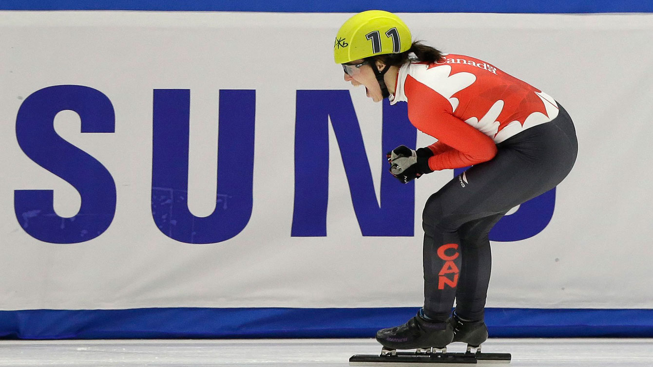 Marianne St-Gelais reacts after winning the 1500m at the world championships in Seoul, South Korea on March 12, 2016. 