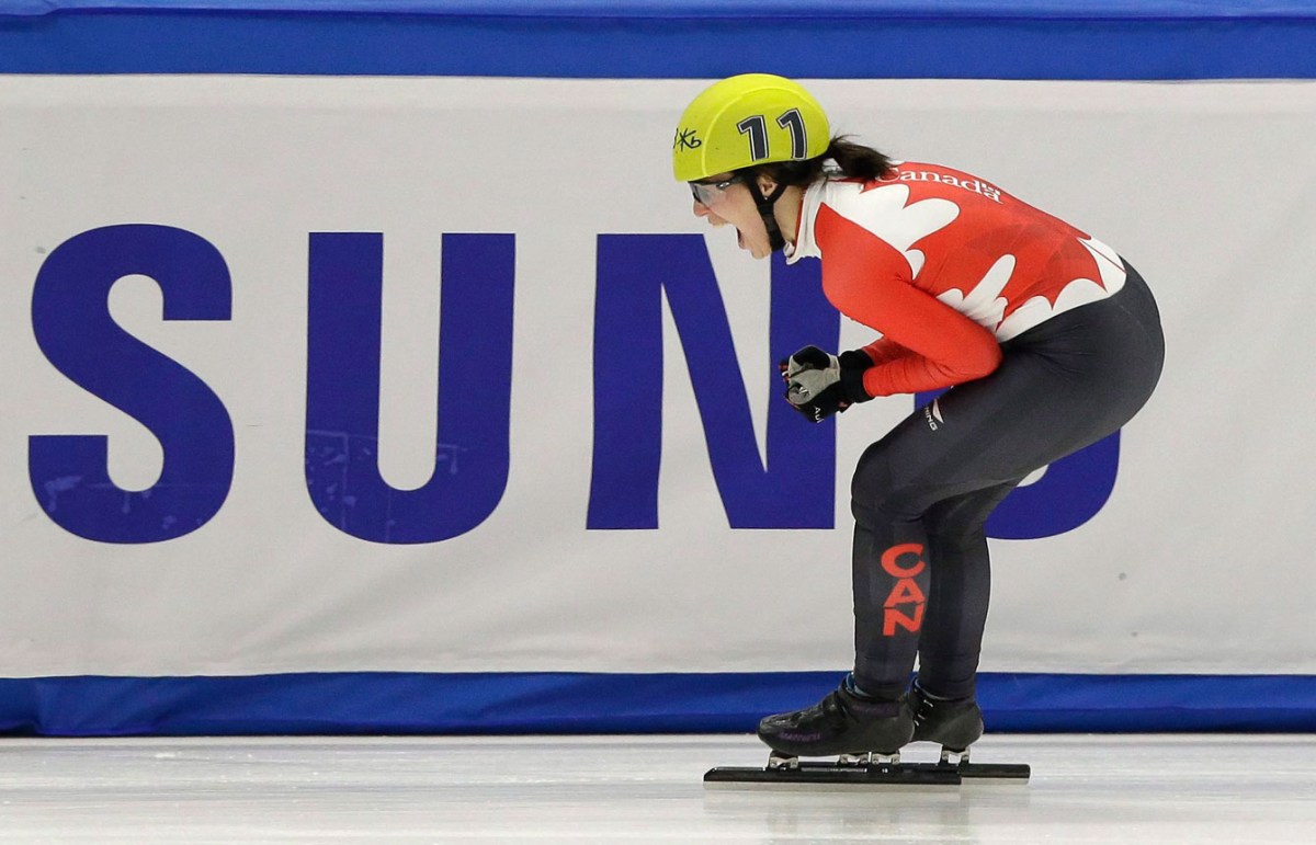 Marianne St-Gelais of Canada celebrates after wining the women's 1500 metre final