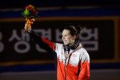 Gold medalist Marianne St-Gelais of Canada celebrates during the awards ceremony