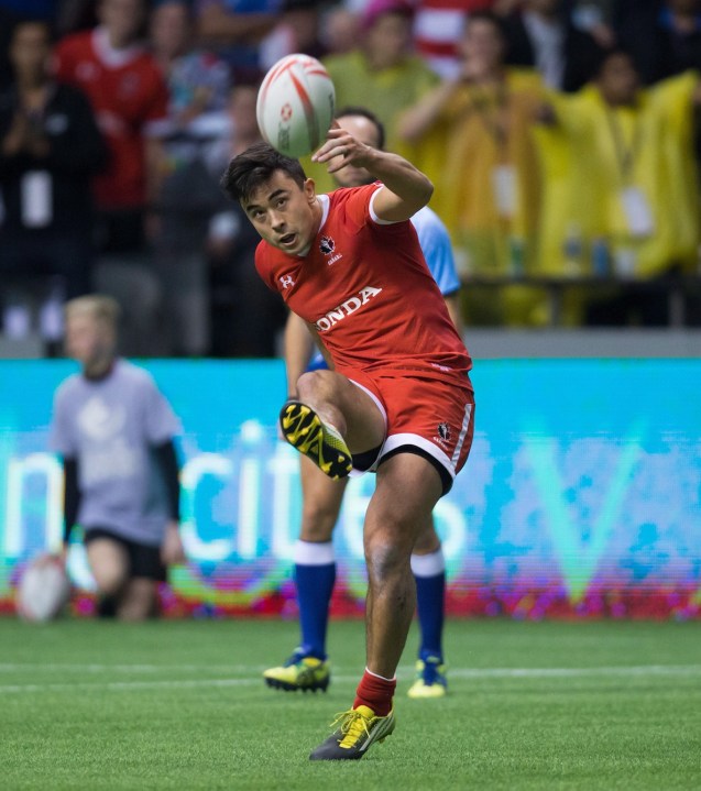 Nathan Hirayama Canada's Nathan Hirayama kicks a conversion to defeat Australia during World Rugby Sevens Series' Canada Sevens tournament action, in Vancouver, B.C., on Saturday, March 12, 2016. THE CANADIAN PRESS/Darryl Dyck