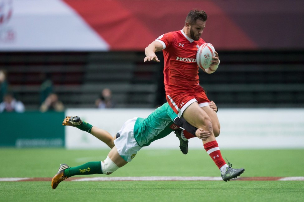 Gustavo Albuquerque, Admir Cejvanovic Canada's Admir Cejvanovic, front, is tackled by Brazil's Gustavo Albuquerque during World Rugby Sevens Series' Canada Sevens tournament action, in Vancouver, B.C., on Sunday March 13, 2016. THE CANADIAN PRESS/Darryl Dyck