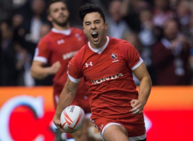 Nathan Hirayama Canada's Nathan Hirayama celebrates a try against France during World Rugby Sevens Series' Canada Sevens Bowl final action, in Vancouver, B.C., on Sunday March 13, 2016. THE CANADIAN PRESS/Darryl Dyck