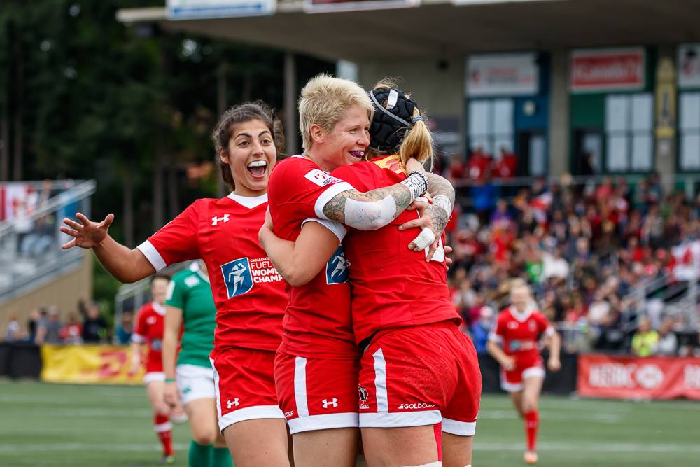 Team Canada celebrate a win over Ireland on day one of Canada Sevens (Photo: Lorne Collicutt).