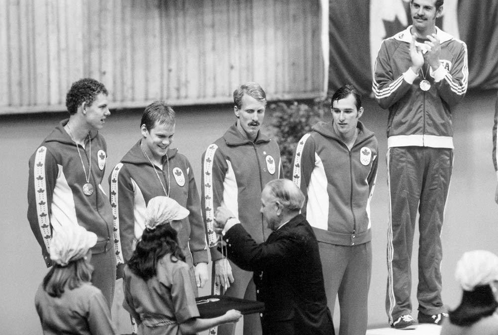 July 22, 1976: Canada wins silver in the men’s 4x100m medley relay at Montreal 1976. Steve Pickell,Graham Smith, Clay Evans, Gary MacDonald and Bruce Robertson brought home one of five silver medals won by Canada at the Games. 