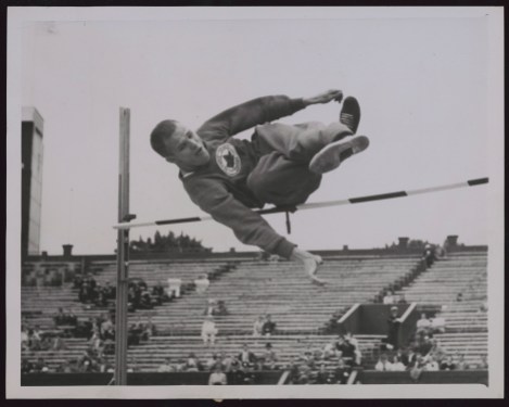 Team Canada Ken Money Melbourne 1956 Canadian man goes sideways over high jump bar