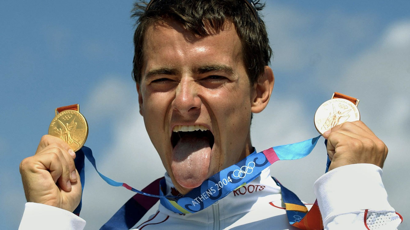 Adam van Koeverden with his two medals at Athens 2004.