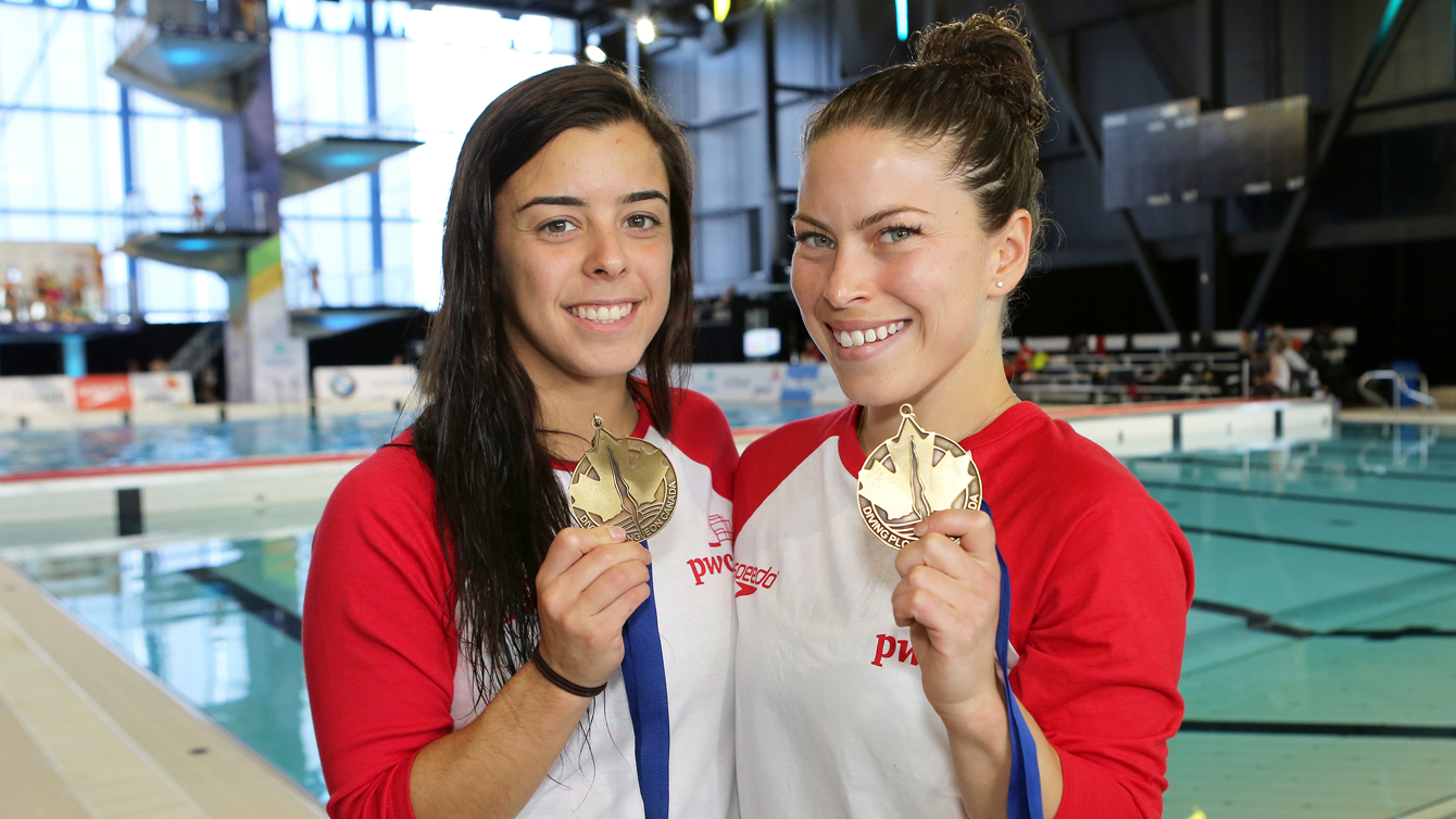 Benfeito and Filion after winning the women's 10 synchro competition at the FINA Diving Grand Prix in Gatineau on April 9. (Greg Kolz)