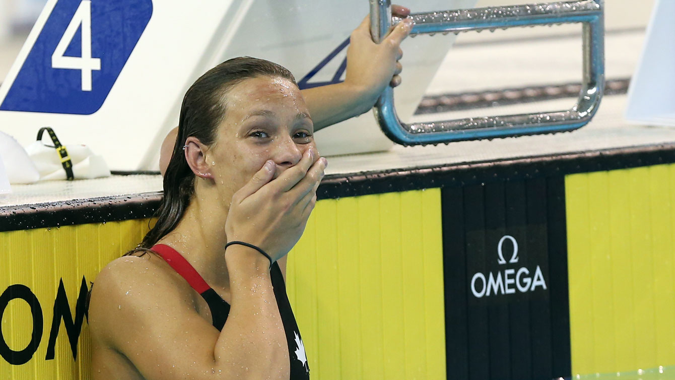 Penelope (Penny) Oleksiak at the 2016 national Olympic swimming trials after the 100-metre butterfly on April 5, 2016 (Photo: Scott Grant via Swimming Canada). 