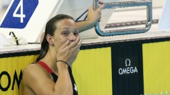 Penny Oleksiak reacting after her race