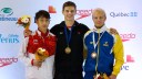 Vincent Riendeau (centre) tops the men's 10m platform podium at the FINA Diving Grand Prix in Gatineau on April 9. (Greg Kolz)