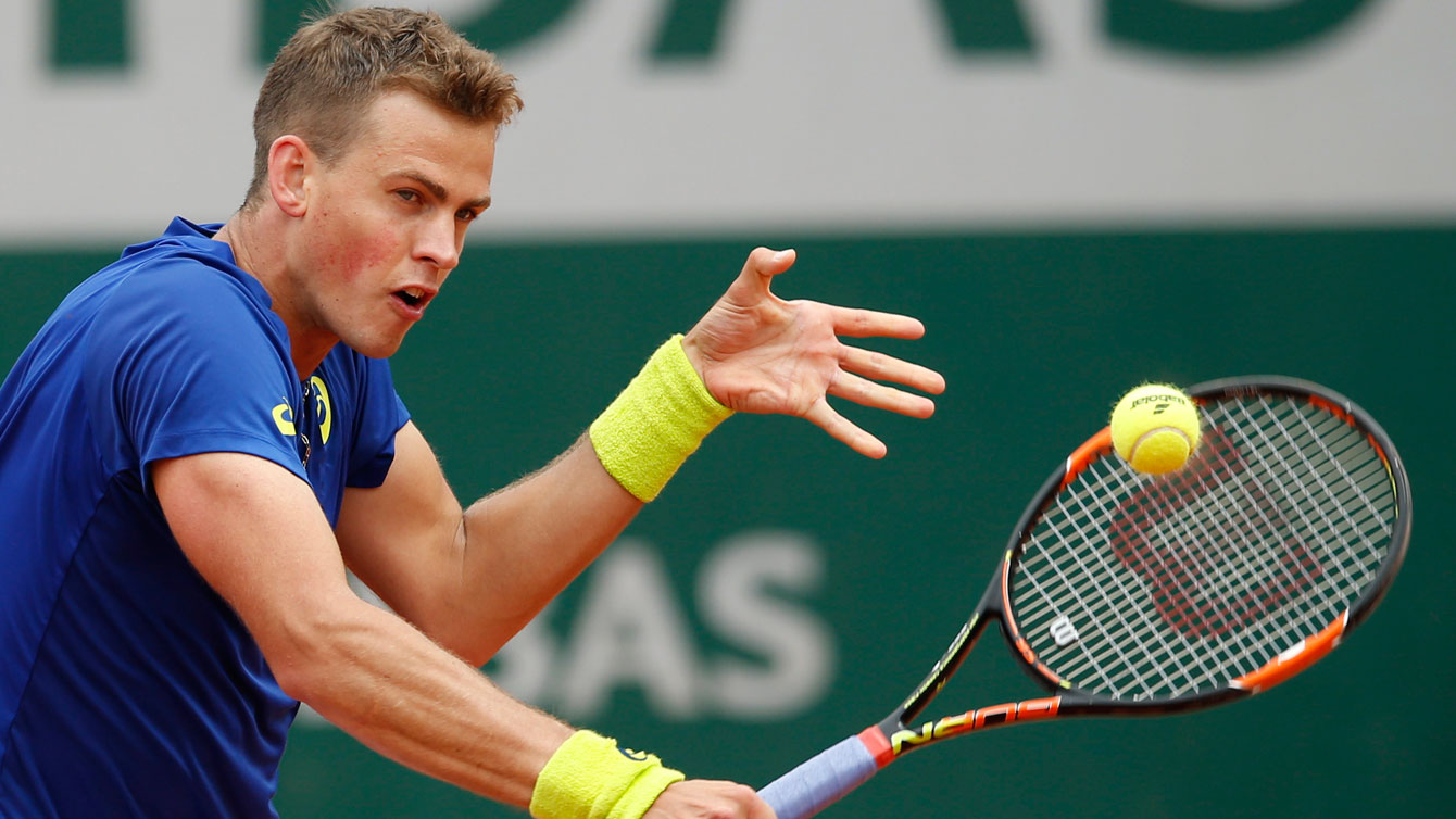 Vasek Pospisil in his first round singles match at the French Open on May 24, 2016.