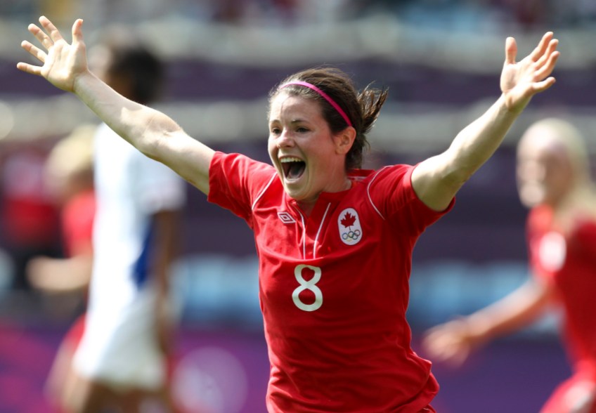 Diana Matheson Diana Matheson of Canada celebrates her game winner against France in the bronze medal football match in Coventry at the 2012 London Olympics, Thursday, Aug. 9, 2012. THE CANADIAN PRESS/HO, COC - Mike Ridewood
