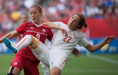 Josee BelangerVanessa Bernauer Switzerland's Vanessa Bernauer, right, fights for control of the ball with Canada's Josee Belanger during the second half of FIFA Women's World Cup round of 16 soccer action in Vancouver, B.C. Sunday, June 21, 2015. THE CANADIAN PRESS/Jonathan Hayward