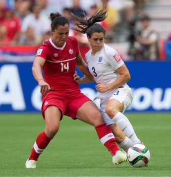 Melissa Tancredi, Claire Rafferty Canada's Melissa Tancredi, left, and England's Claire Rafferty vie for the ball during first half FIFA Women's World Cup quarter-final soccer action in Vancouver, B.C., on Saturday June 27, 2015. THE CANADIAN PRESS/Darryl Dyck