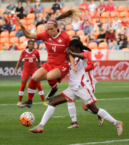 Shelina Zadorsky Canada's Shelina Zadorsky (4) jumps over the leg of Trinidad & Tobago's Khadidra Debesette (6) during the first half of a CONCACAF Olympic qualifying tournament soccer match Sunday, Feb. 14, 2016, in Houston. Canada won 6-0. (AP Photo/David J. Phillip)