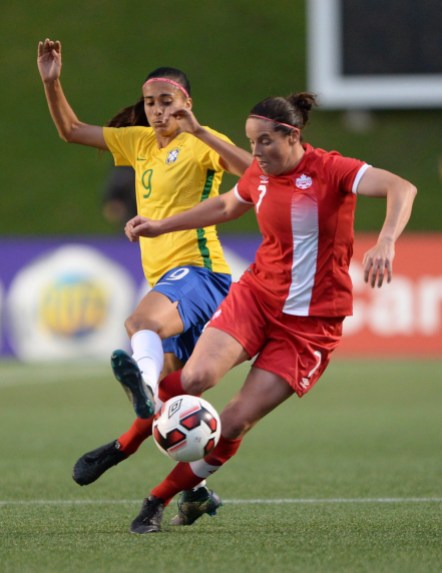 Rhian Wilkinson A. Alves Canada's Rhian Wilkinson (7) moves the ball away from Brazil's A. Alves during second half international women's soccer friendly action in Ottawa on Tuesday, June 7, 2016. THE CANADIAN PRESS/Sean Kilpatrick