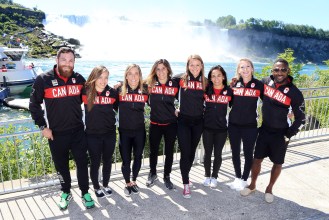 Korey Jarvis, Haislan Garcia, Jasmine Mian, Jillian Gallays, Michelle Fazzari, Danielle Lappage, Dorothy Yeats and Erica Wiebe posing in front of Niagra Falls on Wednesday June 22nd after the wrestling announcement.