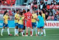 Canada and Brazil players exchange pleasantries at the end of the friendly
