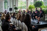 Carling Zeeman, Lindsay Jennerich, Cristy Nurse, Conlin McCabe and Pascal Lussier listen to Marnie McBean at the Rowing team announcement on June 28, 2016 in Toronto. Photo: Tavia Bakowski