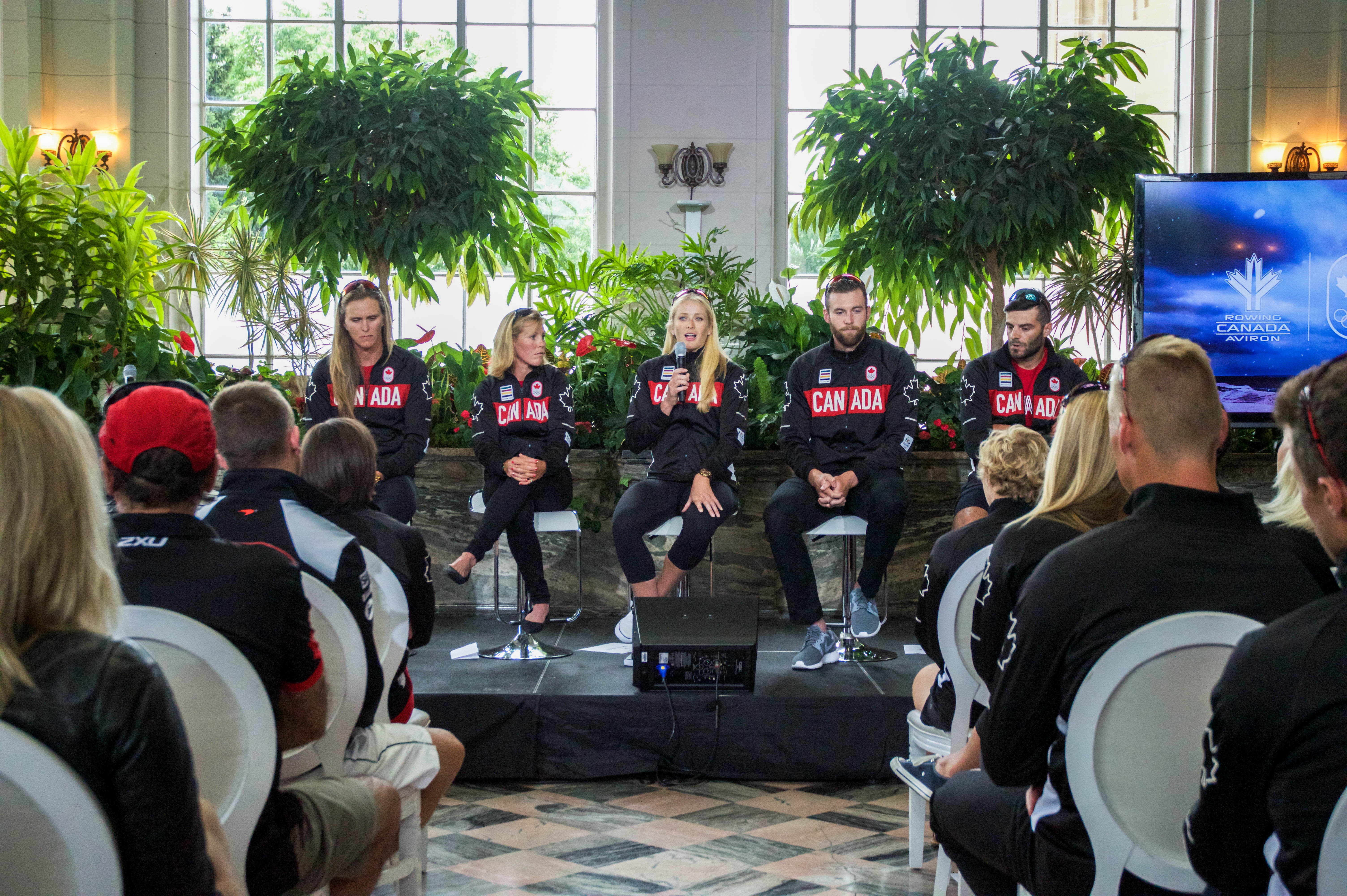 Carling Zeeman, Lindsay Jennerich, Cristy Nurse, Conlin McCabe and Pascal Lussier at the rowing team announcement on June 28, 2016 in Toronto. Photo: Tavia Bakowski