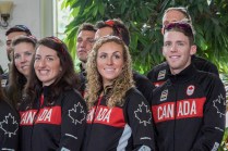 Jennifer Martins from the women's pair, Natalie Mastracci from women's eight and Maxwell Lattimer tom lightweight men's four at the rowing team announcement on June 28, 2016 in Toronto. Photo: Tavia Bakowski