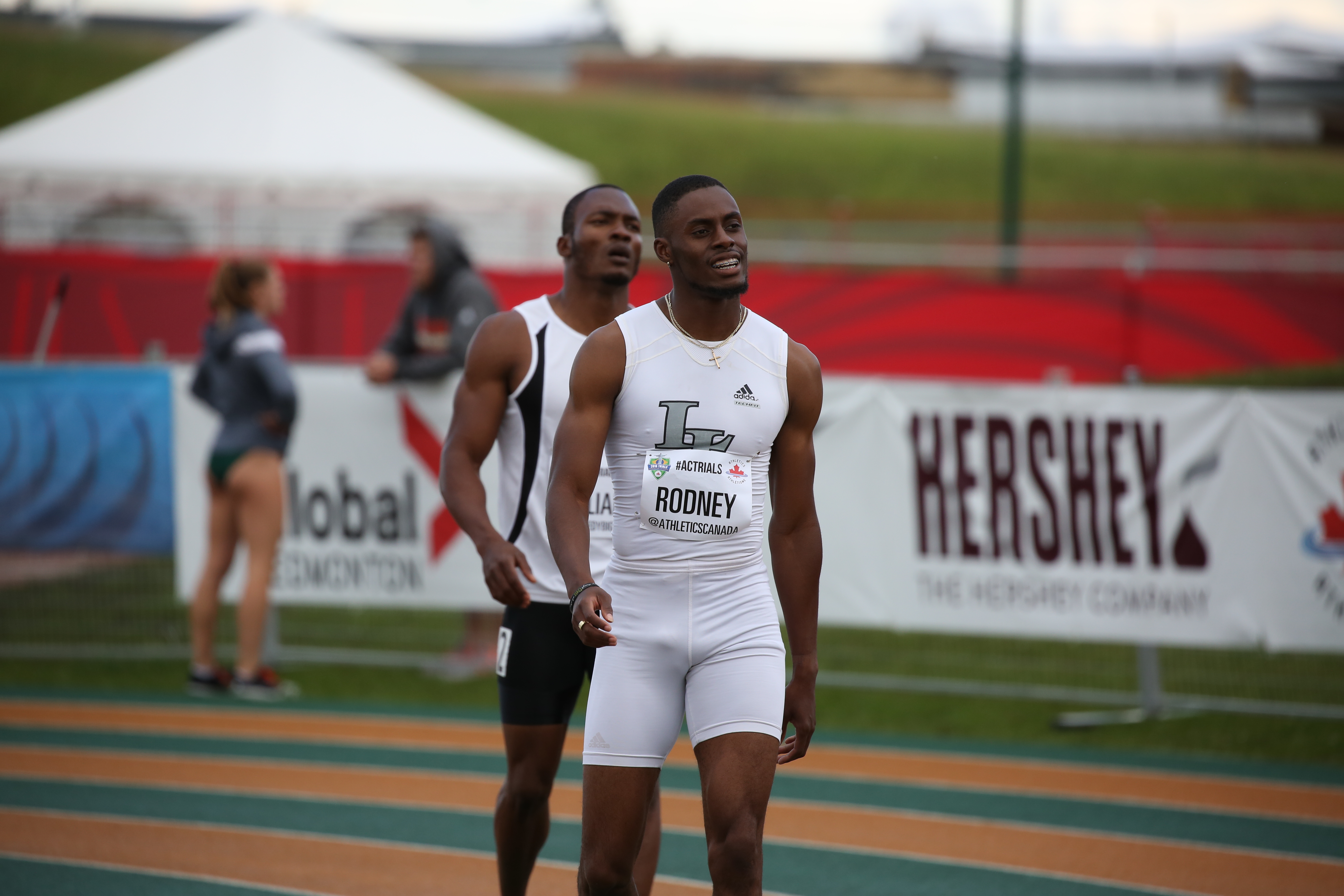 Brendan Rodney after competing in the 200m at the Canadian Track and Field Championships and Selection Trials for the 2016 Summer Olympic and Paralympic Games, in Edmonton, Alta. Rodney will also be representing Canada in the 4x100m relay (Steve Boudraeu/COC).