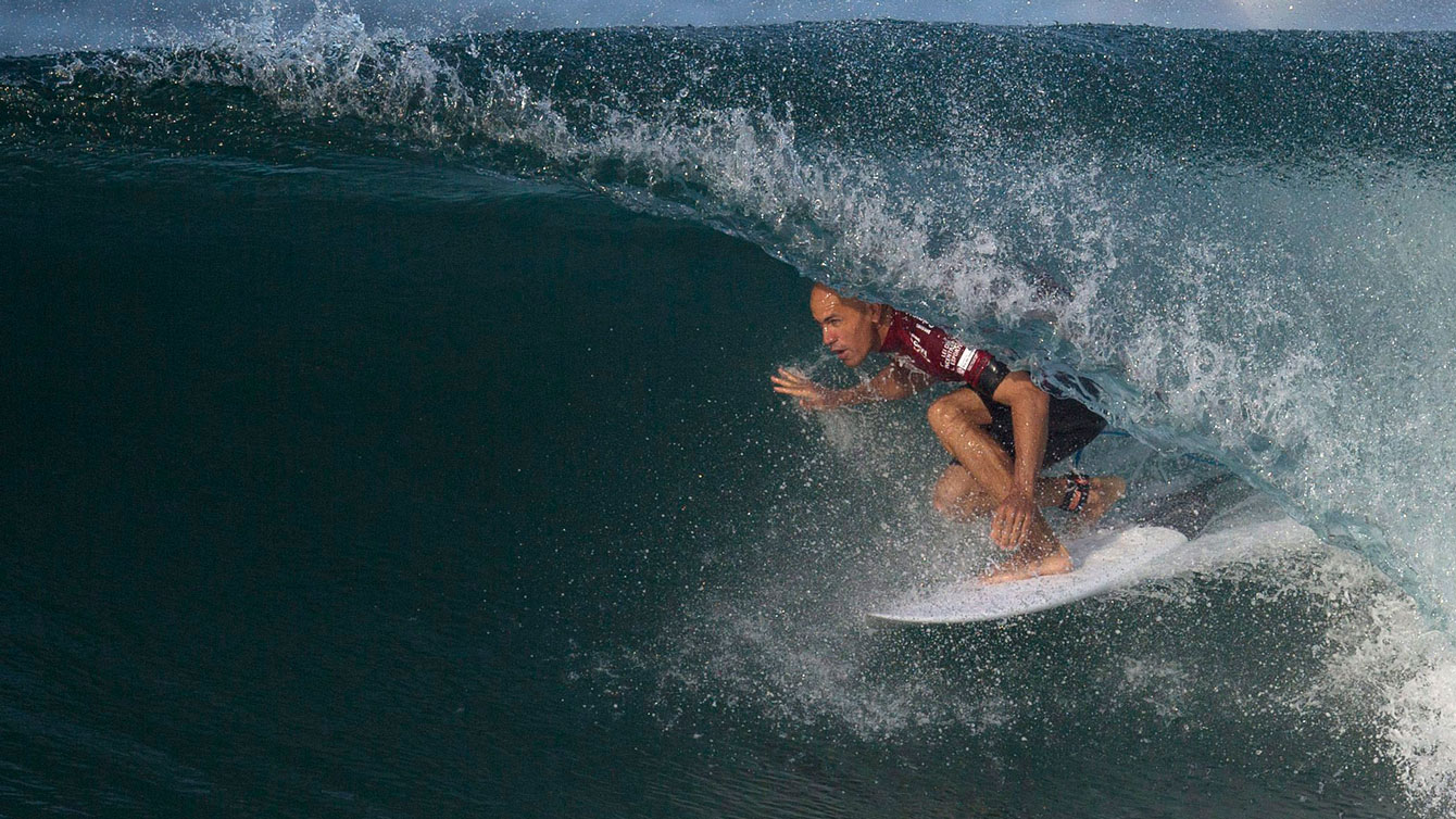 Kelly Slater competes in the 2015 Oi Rio Pro World Surf League competition at Barra da Tijuca beach, Brazil, May, 2015.