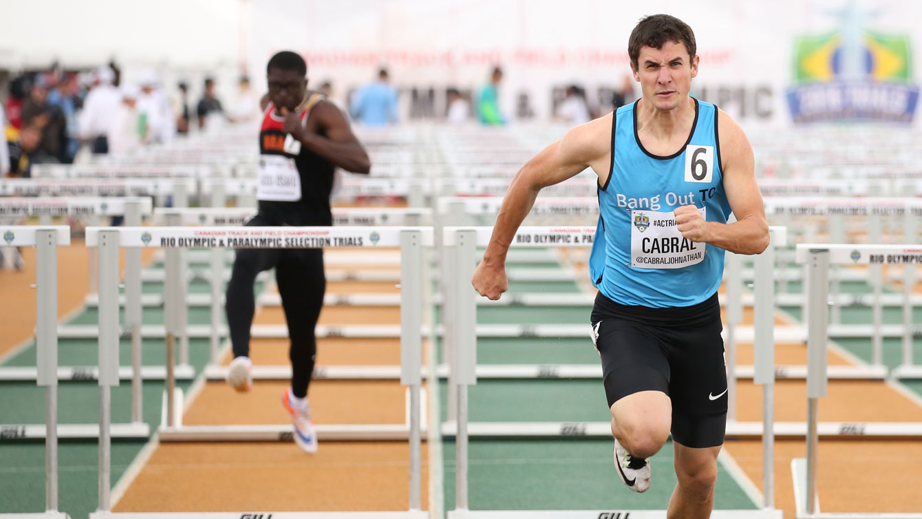 Jonathan Cabral during heats of the 110m hurdles of Olympic trials on July 10, 2016. 