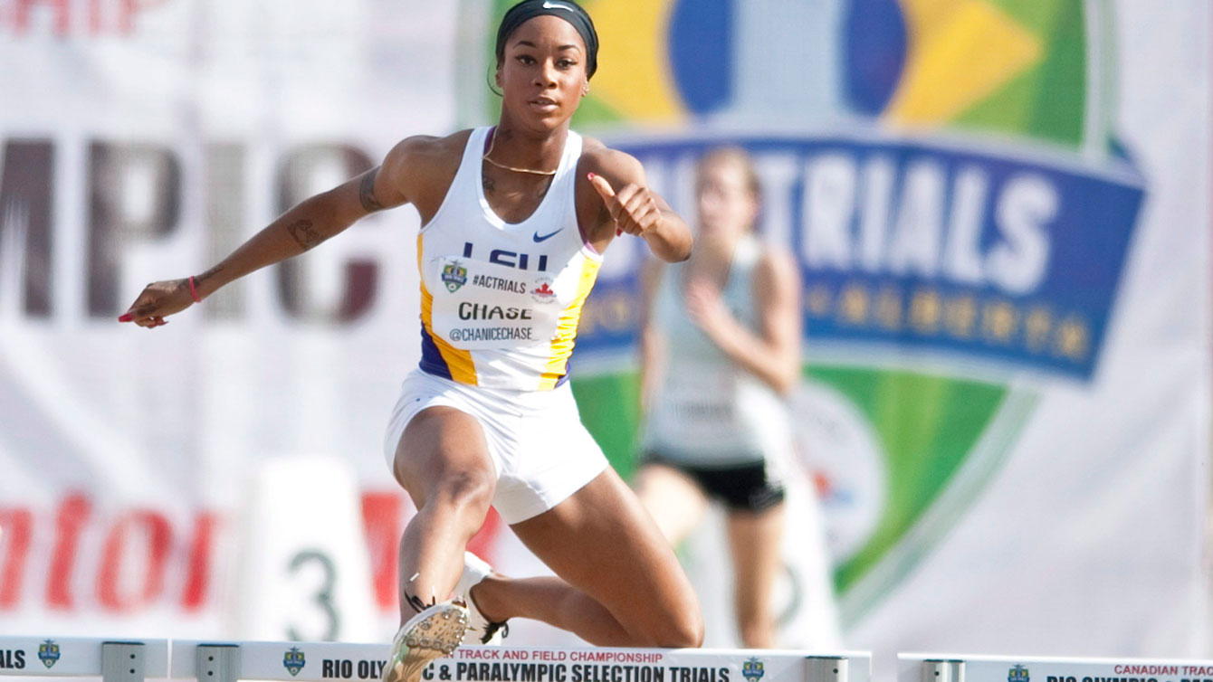 Chanice Chase hurdles her way to victory during the senior men's 400 metre hurdles semi-finals at the Canadian Track and Field Championships and Selection Trials for the 2016 Summer Olympic and Paralympic Games, in Edmonton, Alta., on Thursday, July 7, 2016.