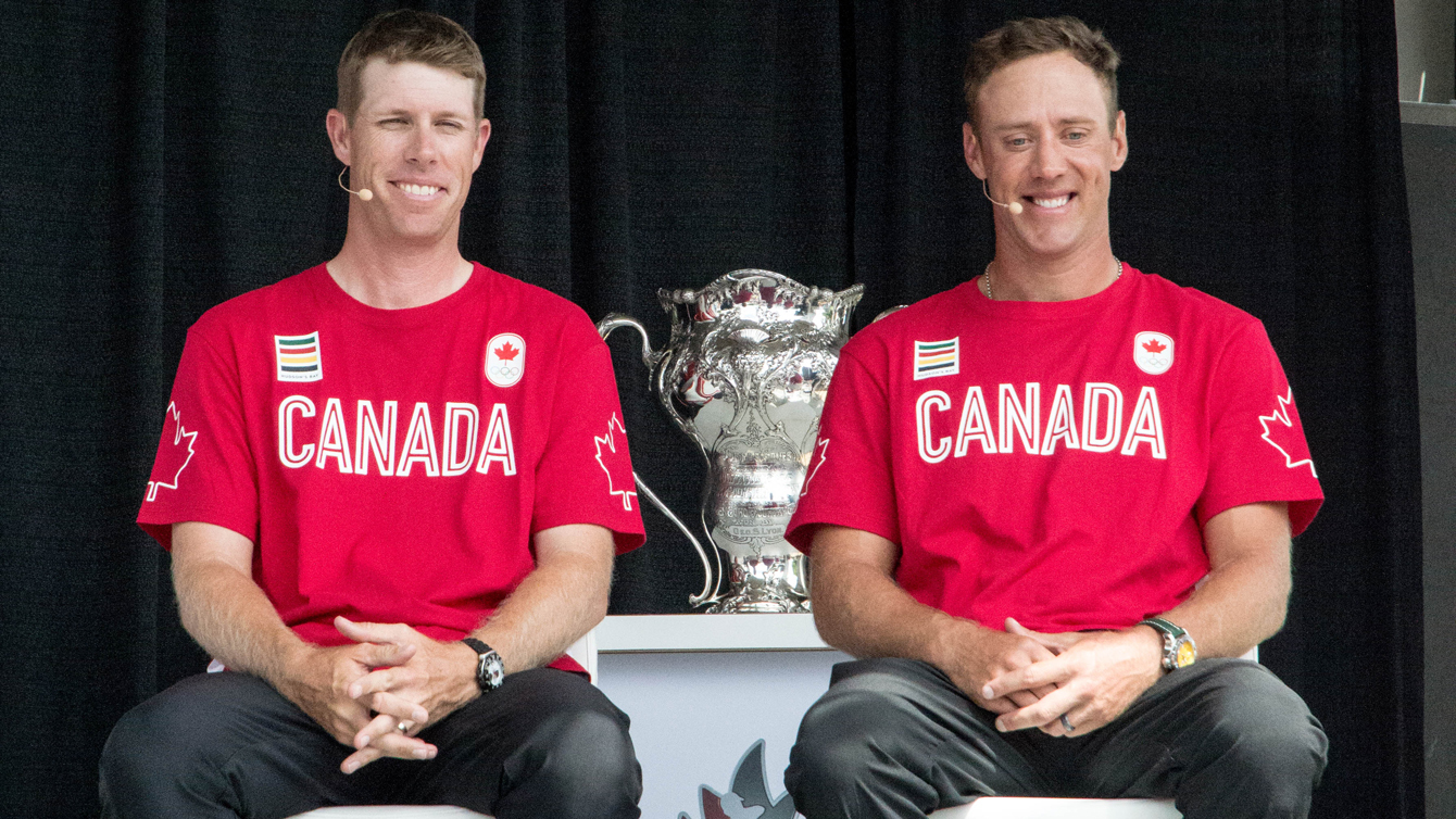 David Hearn and Graham DeLaet speak at the Glen Abbey Golf Club after being nominated to Team Canada on July 19, 2016. (Tavia Bakowski/COC)